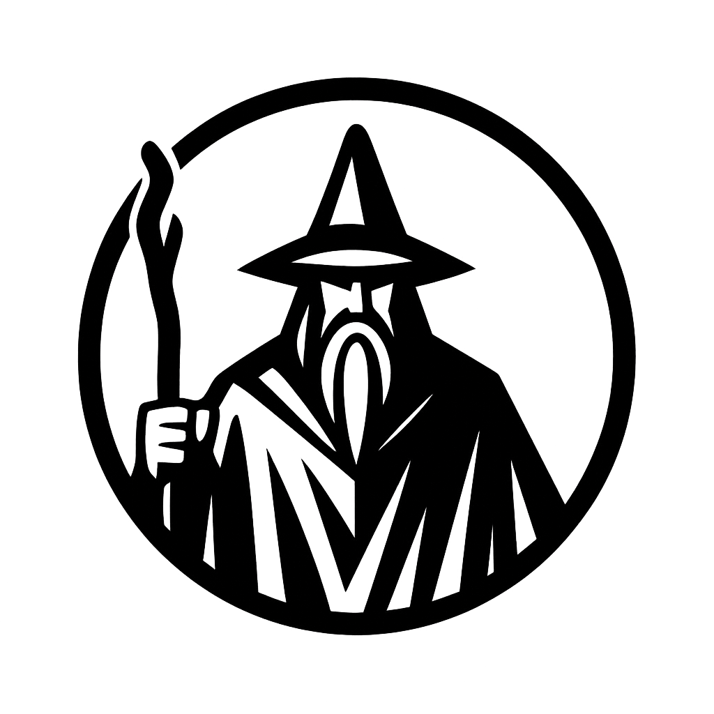 Stylised wizard silhouette inside a circle, the Tharkun AB logo.